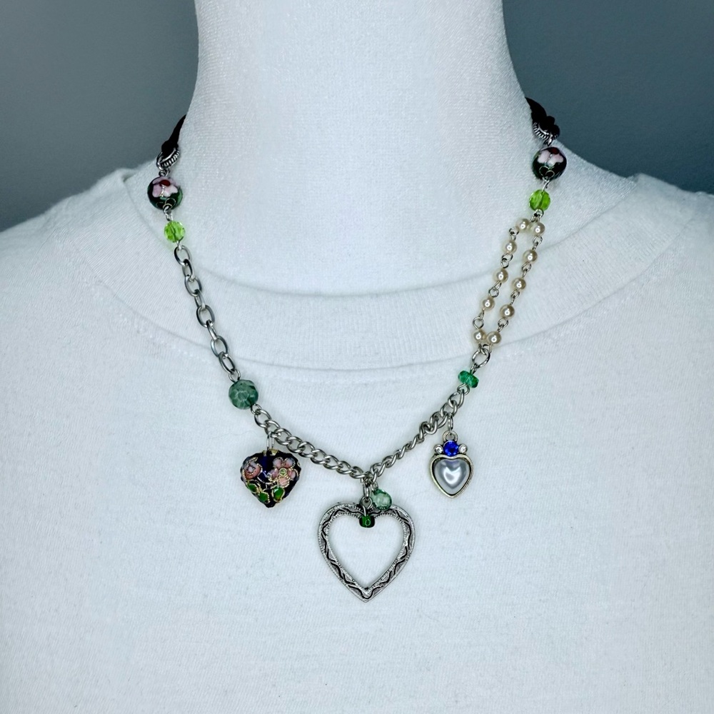Heart charm and cloisonné necklace #53